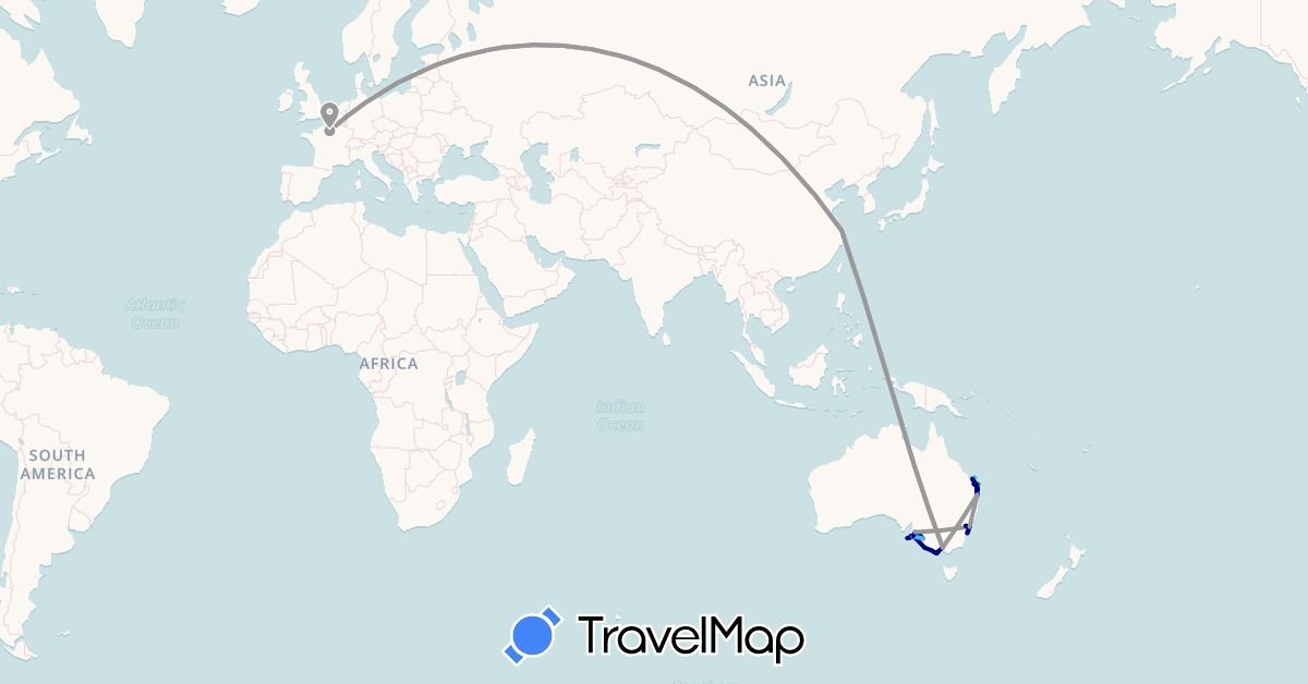 TravelMap itinerary: driving, bus, plane, boat in Australia, China, France (Asia, Europe, Oceania)